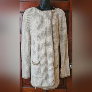 Vintage Messages Sweater Womens Sz Lg Cream Brown Cardigan Full Button